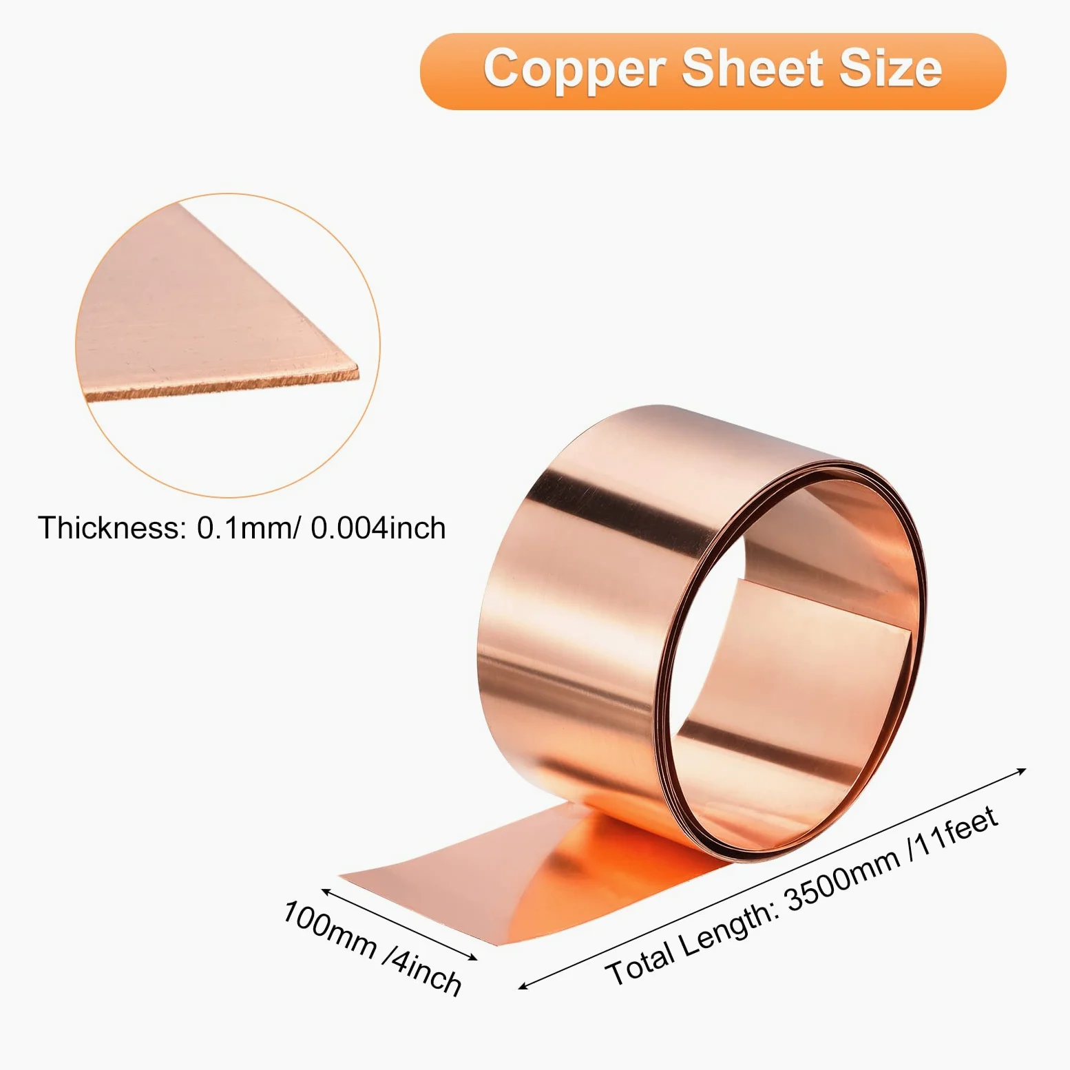 sourcing map Cobre Hoja Rollo 3500mm x 100mm x 0.1mm, 99.9% Puro Cobre Tira Cobre Intermitente Metal Lámina Placa para Electricidad Bricolaje Proyectos (Múltiples Tamaños)