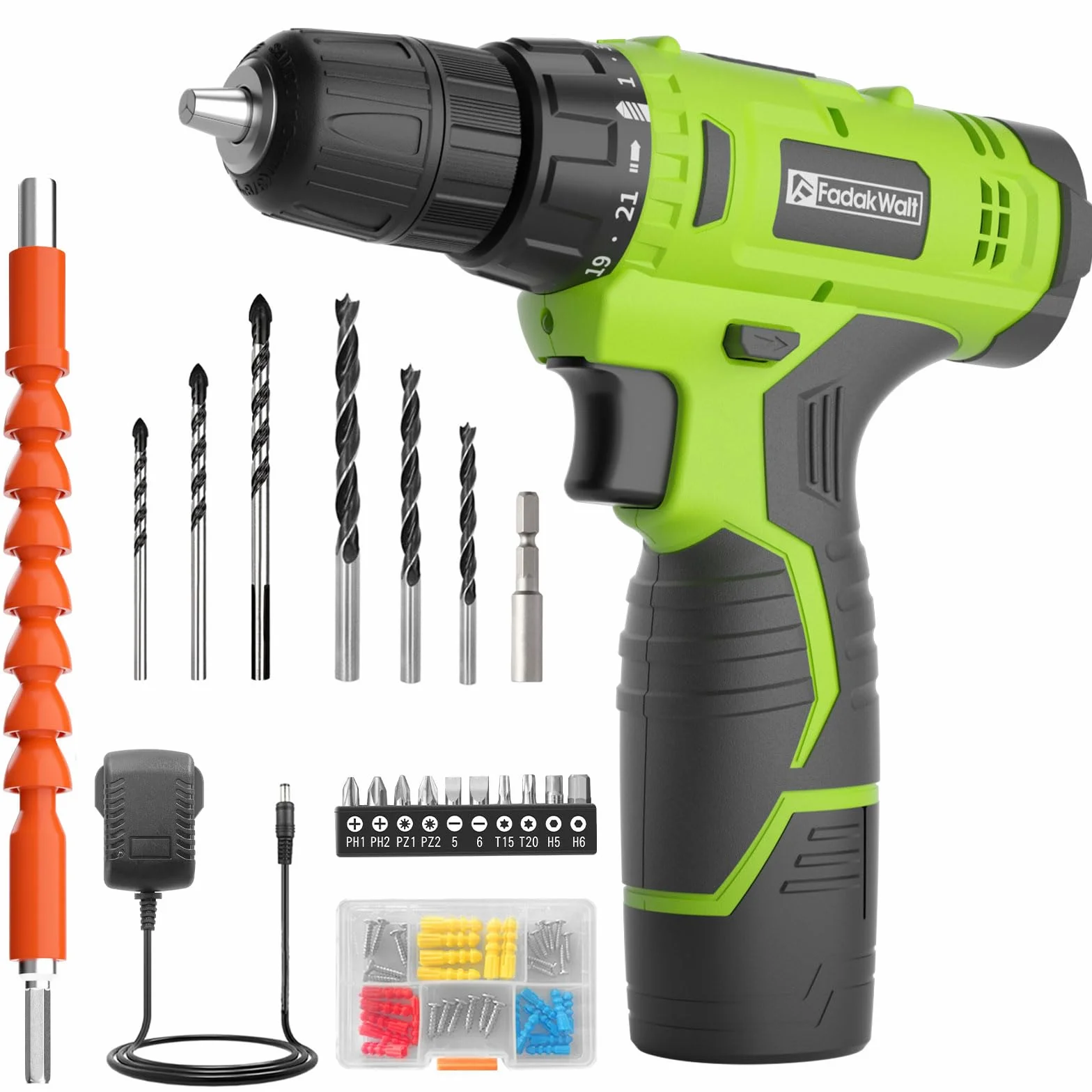 FADAKWALT Taladro Atornillador Batería 12V, Taladro Inalámbrico Juego de 50 Piezas, 19 Nm, 21+1 Ajustes de Par, Luz LED, Atornillador Bateria para Bricolaje en Casa y Jardín (Verde)