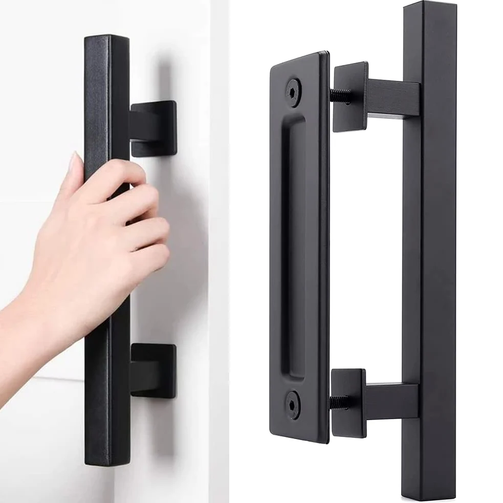 Tirador Puerta Corredera, Manija Puerta Granero, Tirador de Puerta, Tirador de Mango Granero Negro, con Accesorios de Montaje, para Puertas de Granero y Varias Puertas de Madera (Cuadrado)