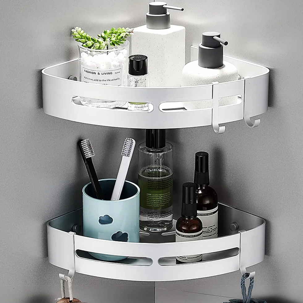 Estantes de Esquina de baño sin Taladro con Ganchos extraíbles Almacenamiento de Carrito de Ducha Adhesivo de Aluminio (Esquina)