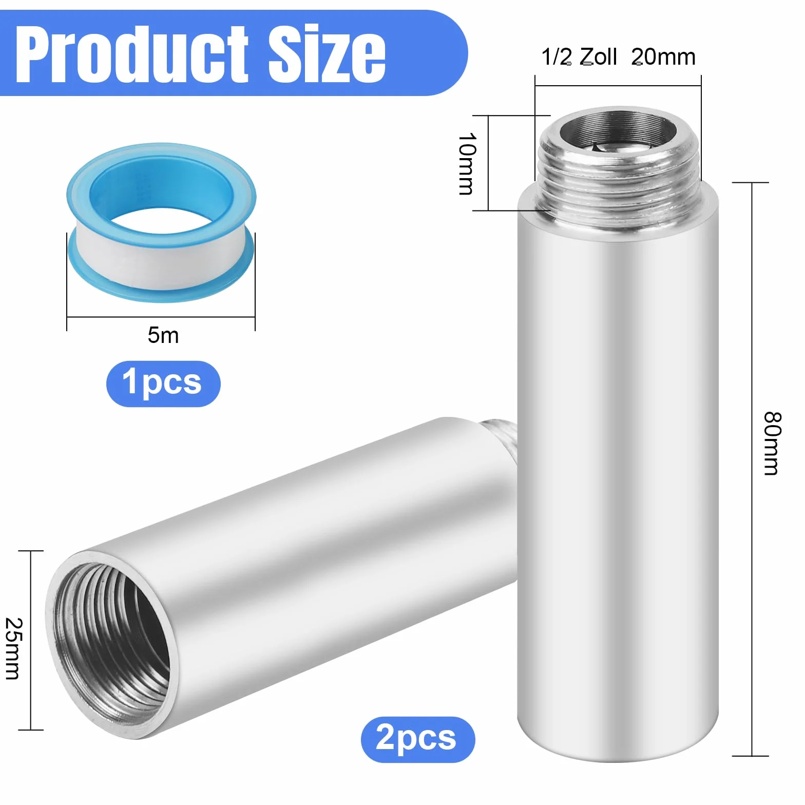 2 extensiones de grifo de 1/2 pulgadas de 80 mm de acero inoxidable, extensión de cabezal de ducha, extensión de conexión de agua para grifos, válvulas angulares y cabezales de ducha