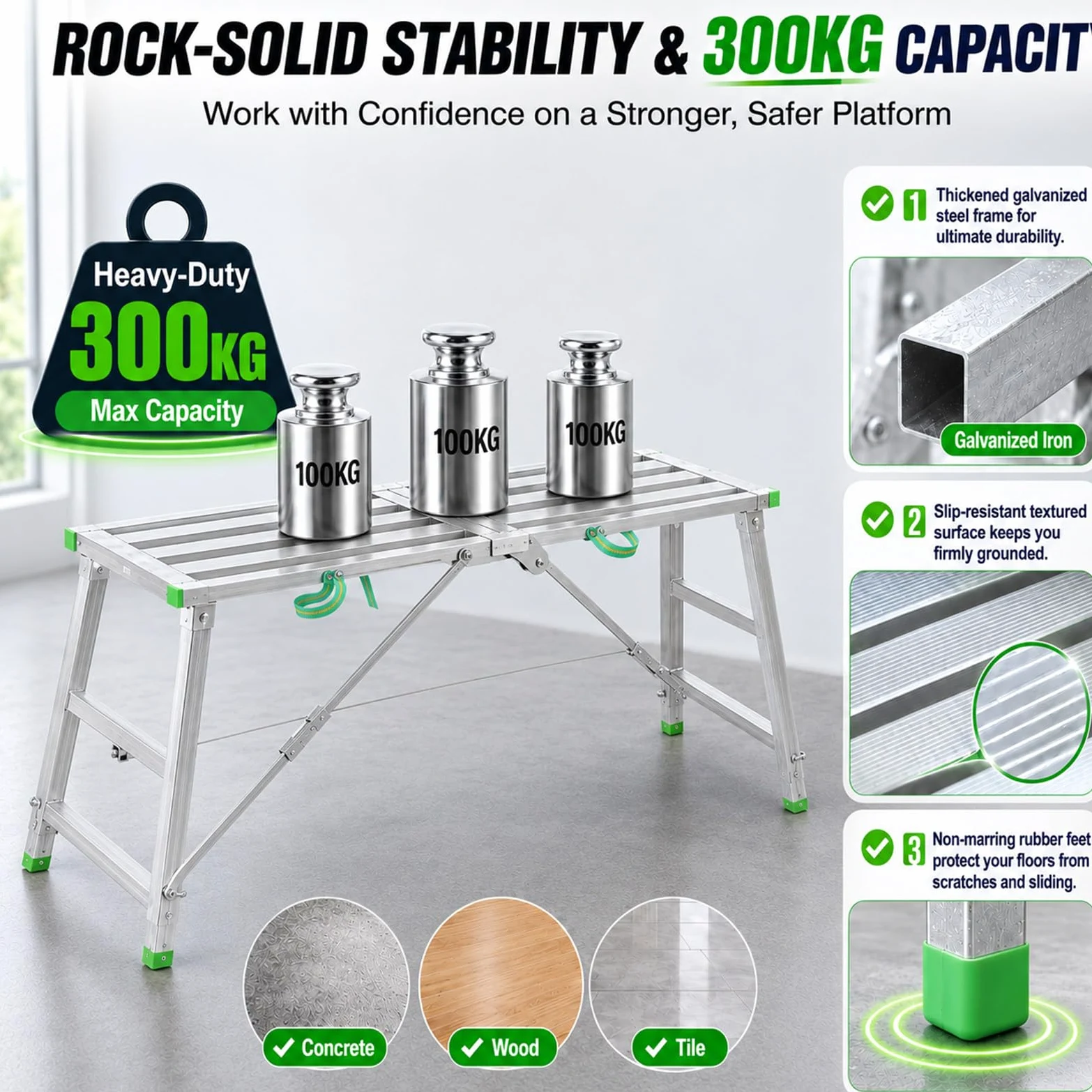 Plataforma de andamio 300 kg, Ajustable en Altura 4 Niveles, escalón Plegable de Hierro galvanizado para reformas y Trabajos de Pintura 160cm