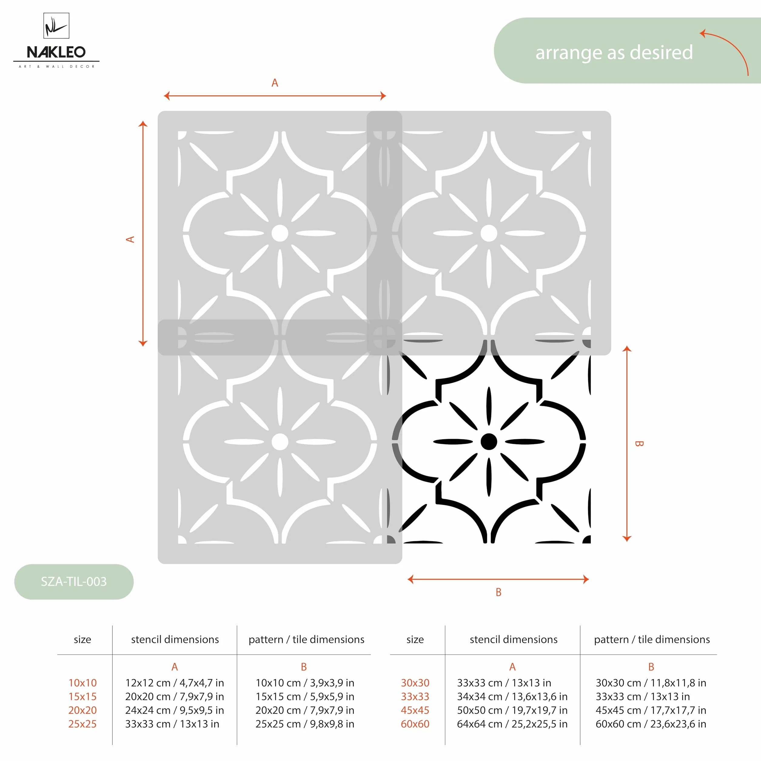 NAKLEO Lucca Tile Plantilla de plástico reutilizable – 33x33cm - Morisco Floral Español - Geométrico marroquí - Adoquín Bloque Concreto Piso Pared Pintura Plantilla Madera