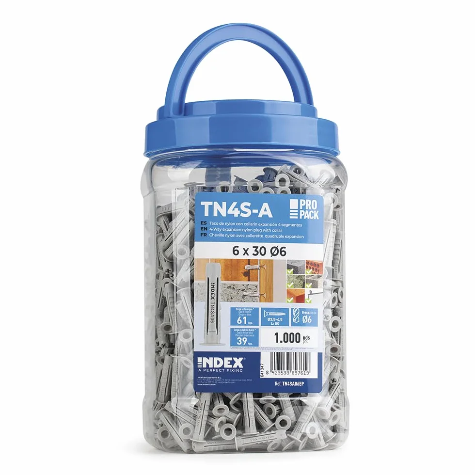 INDEX A PERFECT FIXING - TN4SA06EP [TN4S-A EP] Taco de nylon de 4 segmentos con collarín ancho, Para todo tipo de materiales, Anudable, Medida: 6 mm, Bote de 1000 unidades