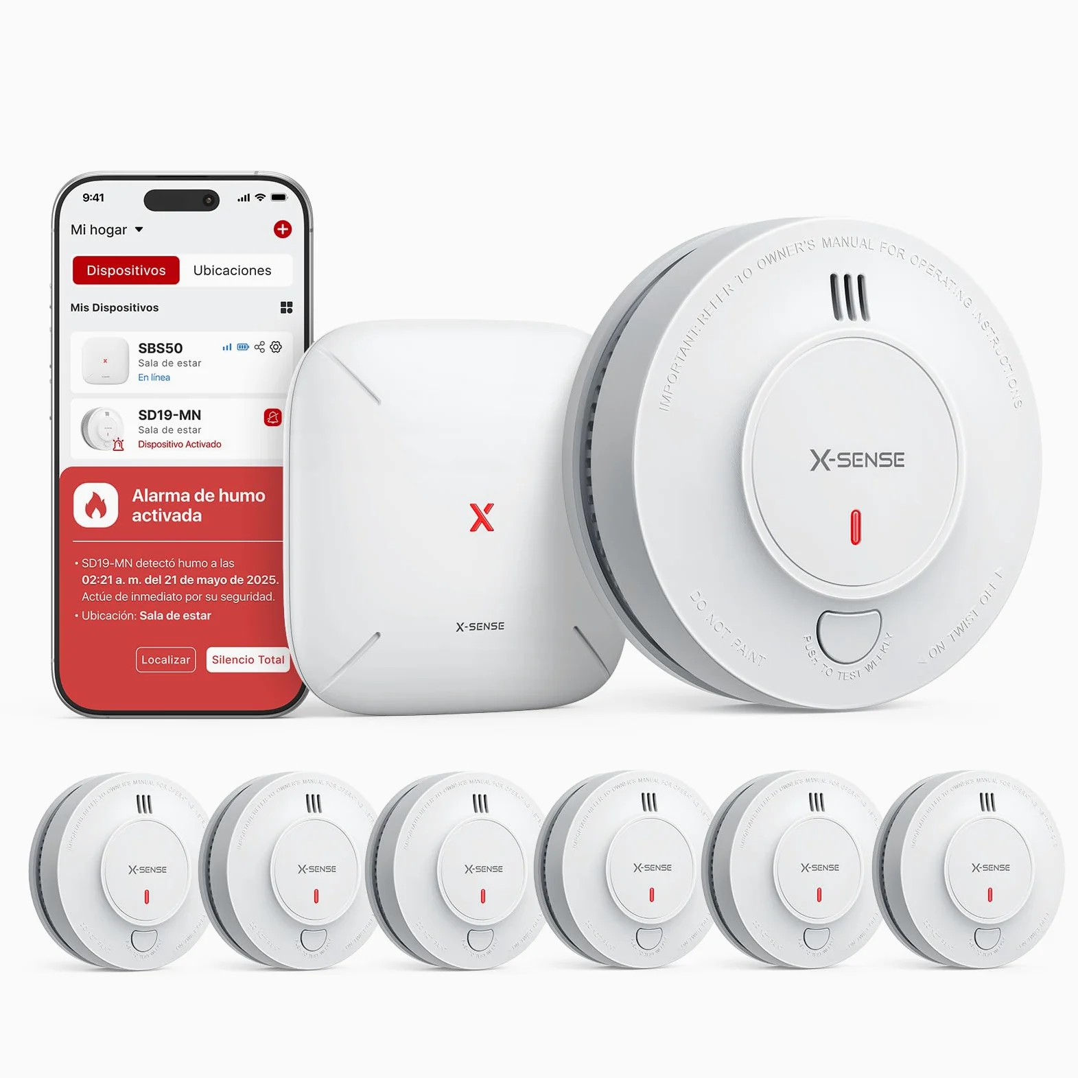 X-Sense Detectores de Humo Inteligentes con Estación Base SBS50, Sistema de Alarma Interconectado, Compatible con la App X-Sense, Modelos SD11-MR61