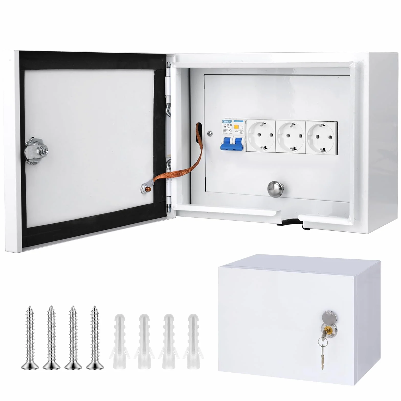 Caja Electrica de Superficie con Protector de Fuga 2P 32A y 2 * Tomas de Corriente 250V/16A, Caja de Distribución con Protección Contra Sobretensiones 2P 400V 20~40kA para Cableado - 8 Módulos