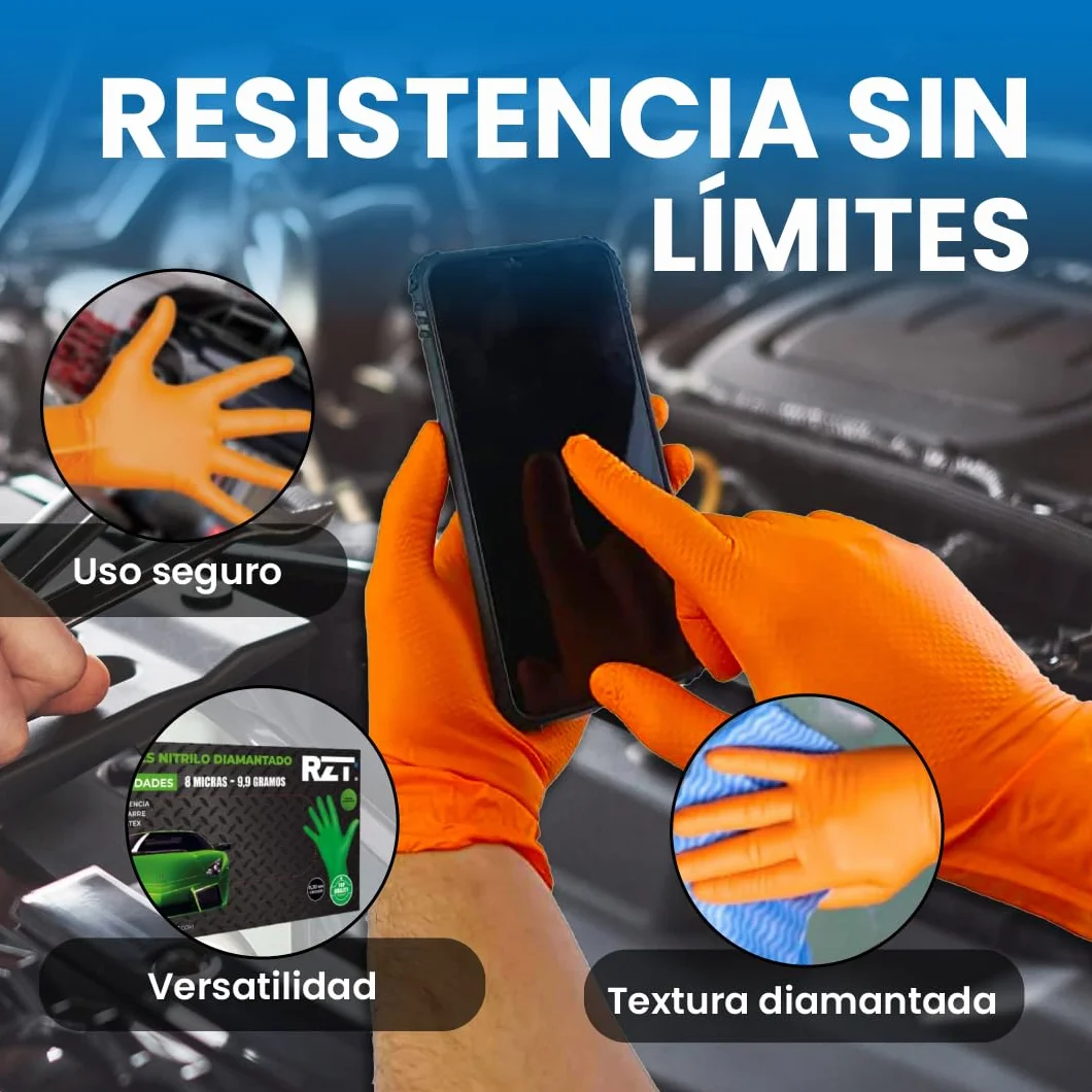 Guantes de Nitrilo Desechables Naranja Extra Gruesos Textura Diamante Tamaño S M L XL (50, XL)