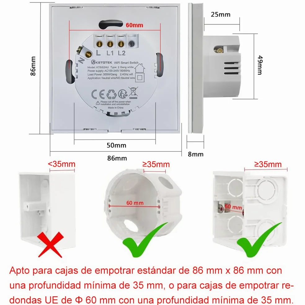 KETOTEK Interruptor Tactil WIFI Inteligente 2 Gang 1 Via Compatible con Alexa, Interruptor Luz Pared Smart Life Tuya App Control Blanco
