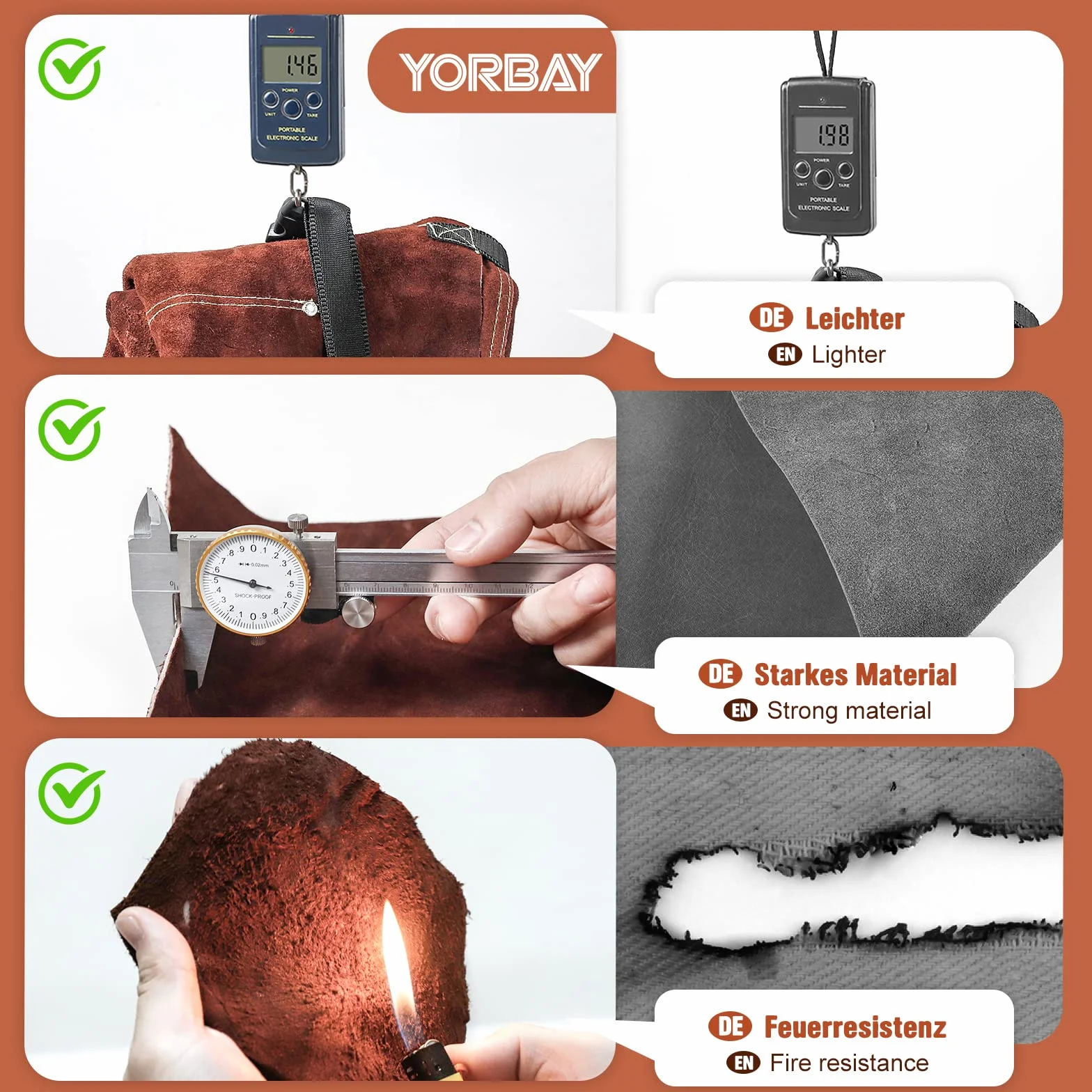 YORBAY Delantal para Soldadura de Cuero, Bretelles réglables et 5 Bolsillos, Resistente al Calor e Ignífugo Delantales de Seguridad, para Tareas Pesadas, Carpintería