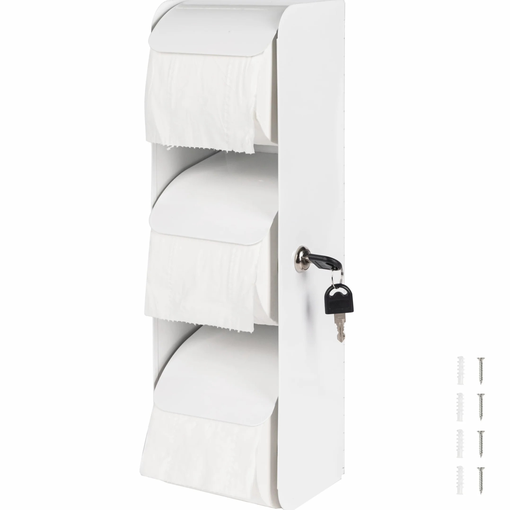 Dispensador comercial de papel higiénico de acero inoxidable, soporte para 3 rollos con cerradura, montaje en pared, opción de rollo doble, color blanco