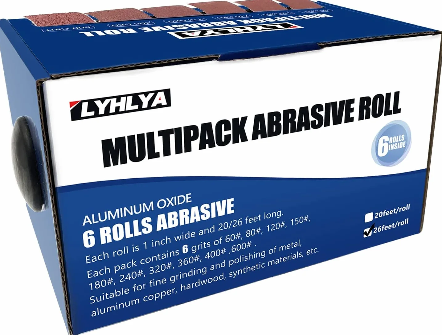 Surtido de rollos de papel de lija, 2,5 cm x 8 m, 6 granos, papel de lija con dispensador de tela de esmeril para madera, muebles, acabado automotriz, 80/150/240/320/400/600
