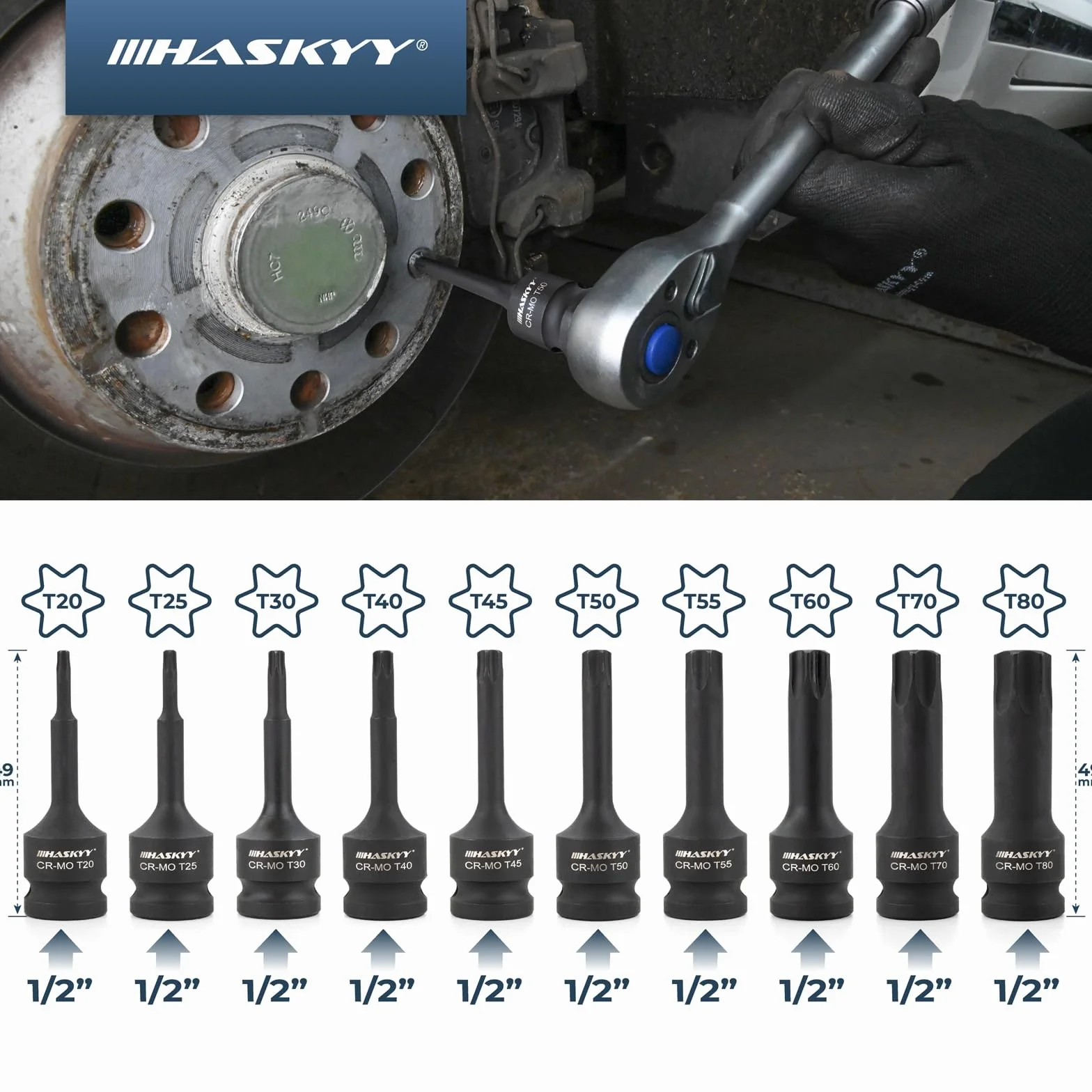 HASKYY Juego de llaves de impacto 1/2 pulgadas T20-T80 y Torx, 10 piezas, para coche, mantenimiento de frenos y reparación