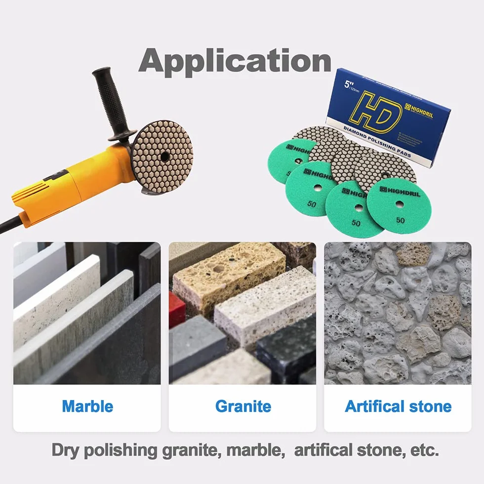 HIGHDRIL Almohadillas Pulido Diamante Seco - 8piezas #50 Almohadillas Lijado 125MM para Granito Piedra Mármol Suelo Grinder Pulir Almohadilla Kit para Taladro, Amoladora, Pulidora