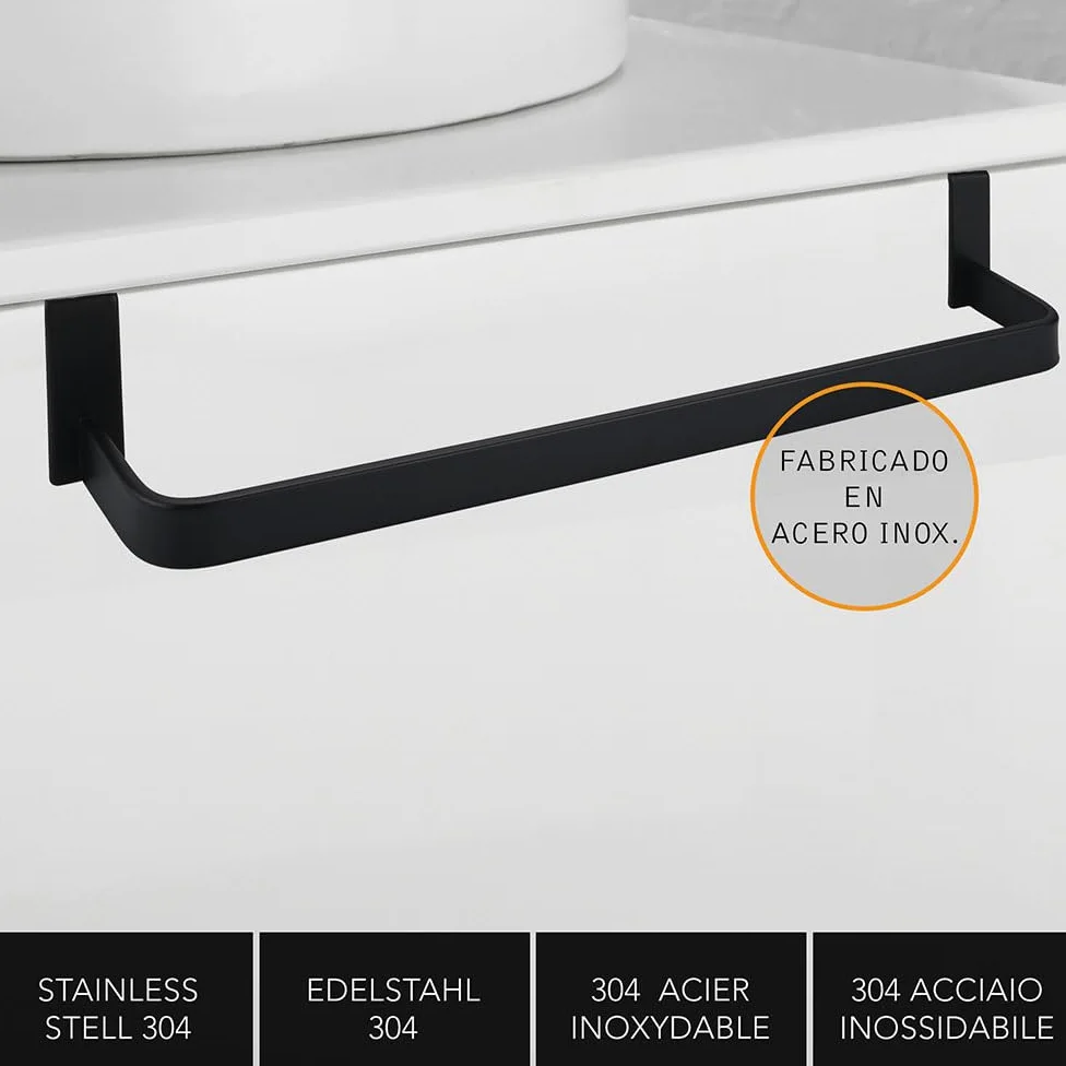 Kibath 438423 Toallero de Acero Inoxidable. Sin taladros para Mueble de baño. Acabado en Negro Mate. Largo 36cm. Colocación sin Necesidad de Herramientas, 36 cm