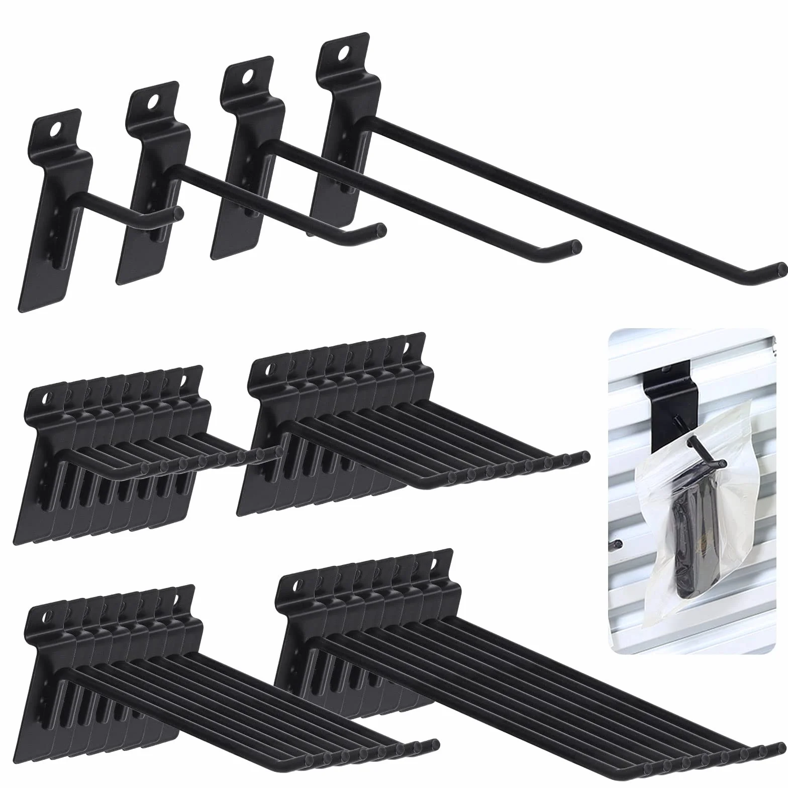 Keadic Juego surtido de 32 ganchos de pared de listones de 2/4/6/8 pulgadas, ganchos para colgar en la pared, ganchos resistentes para paneles de clavijas para garaje, tienda, minorista (negro)