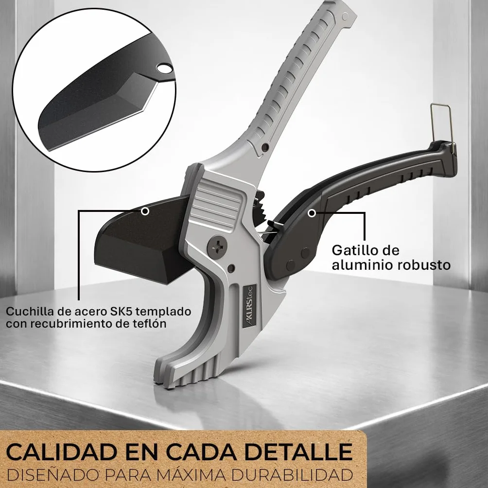 KLRStec Juego de cortador de tubos de PVC profesional ProSlice 6400 (64 mm/2-1/2") Cortador Profesional con Carraca para PVC, PE, PP – Incluye Cuchilla de Repuesto y Funda Nylon con Clip