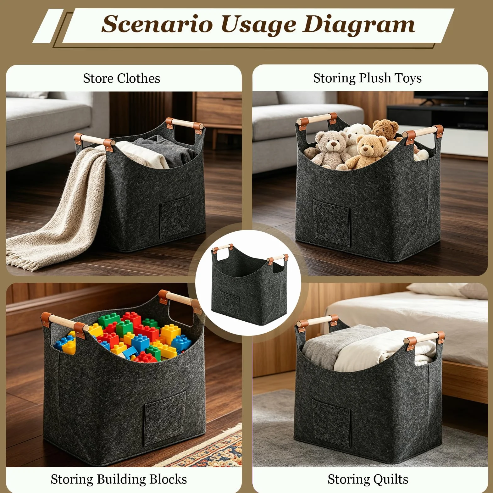 Canasta De Leña 45 x 32 x 40 cm 60L, Cesta de fieltro Fieltro extra grueso y asa reforzada, Cesto para leña plegable Bolsa, para Guardar Periódicos y la Chimenea