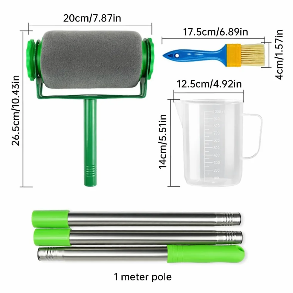 Juego de rodillos de pintura resistentes, rodillo de pintura con cepillo extensible, bandeja, rodillos, agitador, antigoteo, borde de corte limpio, kit de pintura multifuncional para paredes y techos