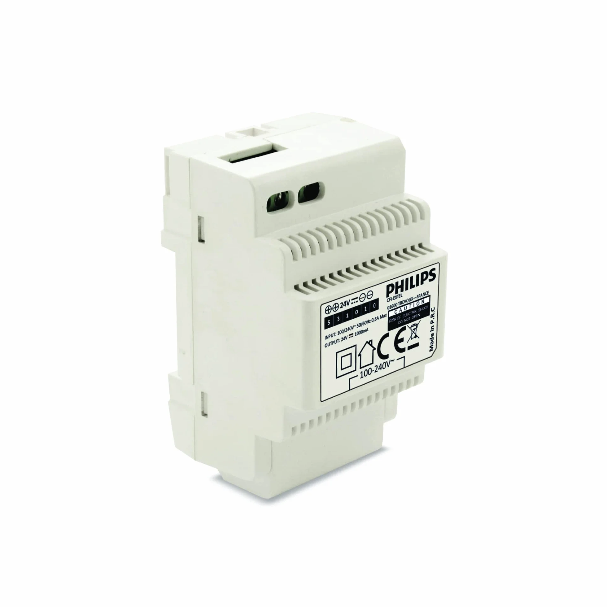 Philips Transformador, Fuente de Alimentación para Videoportero e Interfono | De 100-240 V AC a 24 V DC 1 A, 3 módulos DIN, montaje mural opcional, uso interior y compatibilidad WelcomeEye seleccionada.