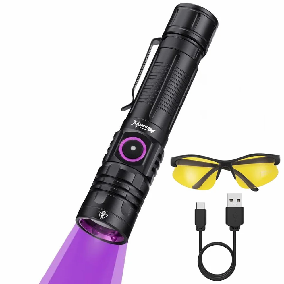 Alonefire SV143 Linterna UV 365nm 10W Profesional Recargable USB C Potente Luz Negra Detector de Orina para Resina, Pesca, Escorpión, Minerales, Pegamento, Ámbar con Gafas Protectoras UV, Batería
