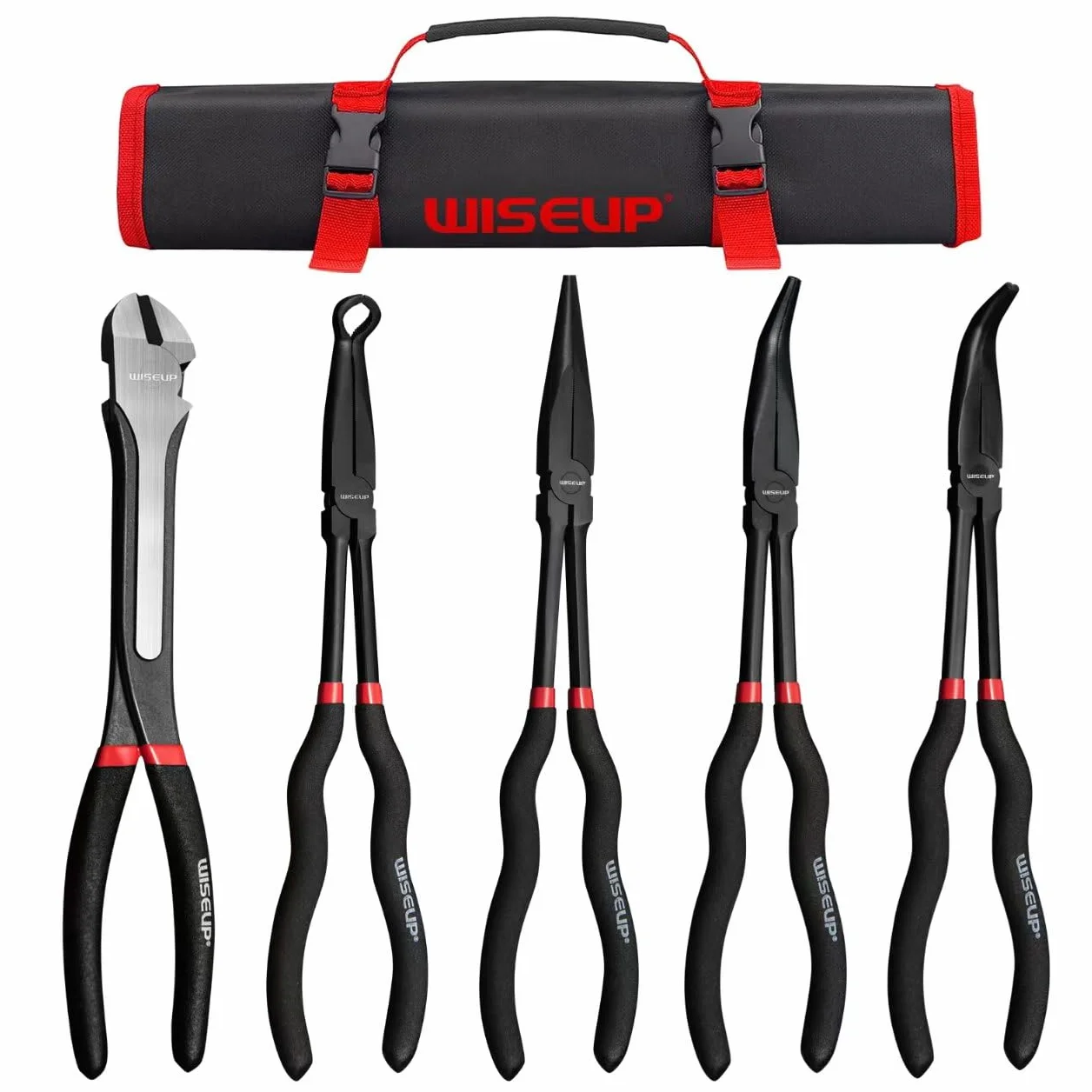 WISEUP 5Pcs Juego de Alicates de Punta Larga, Acero al Carbono Premium, Alicates Rectos 11" Alcance Largo y Diagonal para Espacios Estrechos
