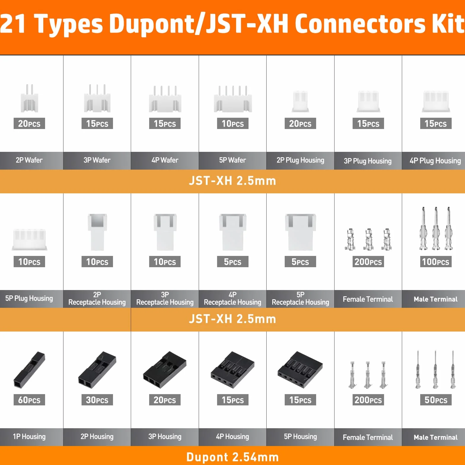 PEBA Juego de Crimpadora con 21 Estilos Dupont 2,54 mm/JST-XH 2,5 mm Conector Set, 0,03-0,5 mm² (AWG 32-20) para Dupont, JST-XH/SM/SYP/PH/VH 3,96 mm, Molex, AMP EI Serie