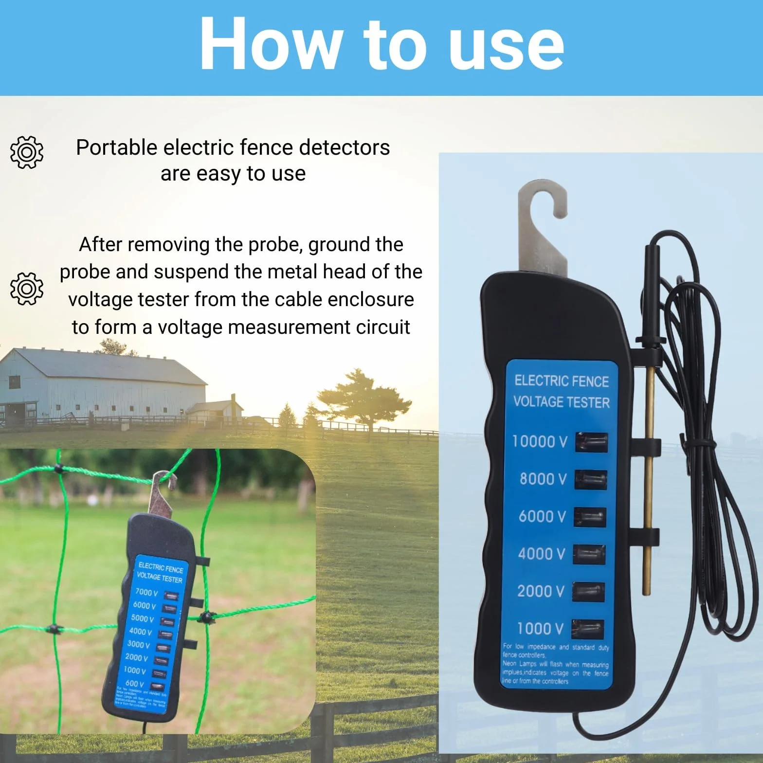 Vibrivo10000V Comprobador de valla de pastoreo medidor de corriente resistente al agua 6 LED solar 16,7 x 6 x 2 cm