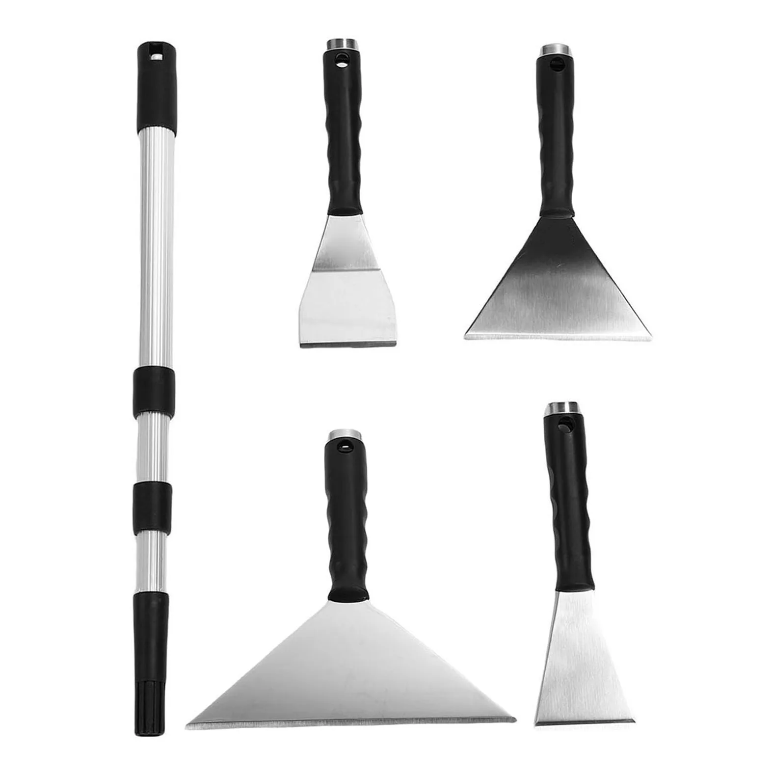 Fafeicy Juego de Cuchillas para Quitar Paneles de Yeso, 4 Tamaños, Espátulas de Masilla de Acero Inoxidable, Poste Telescópico Ajustable de 15,75 a 39,37 Pulgadas con Cuchillas de 2 Mm