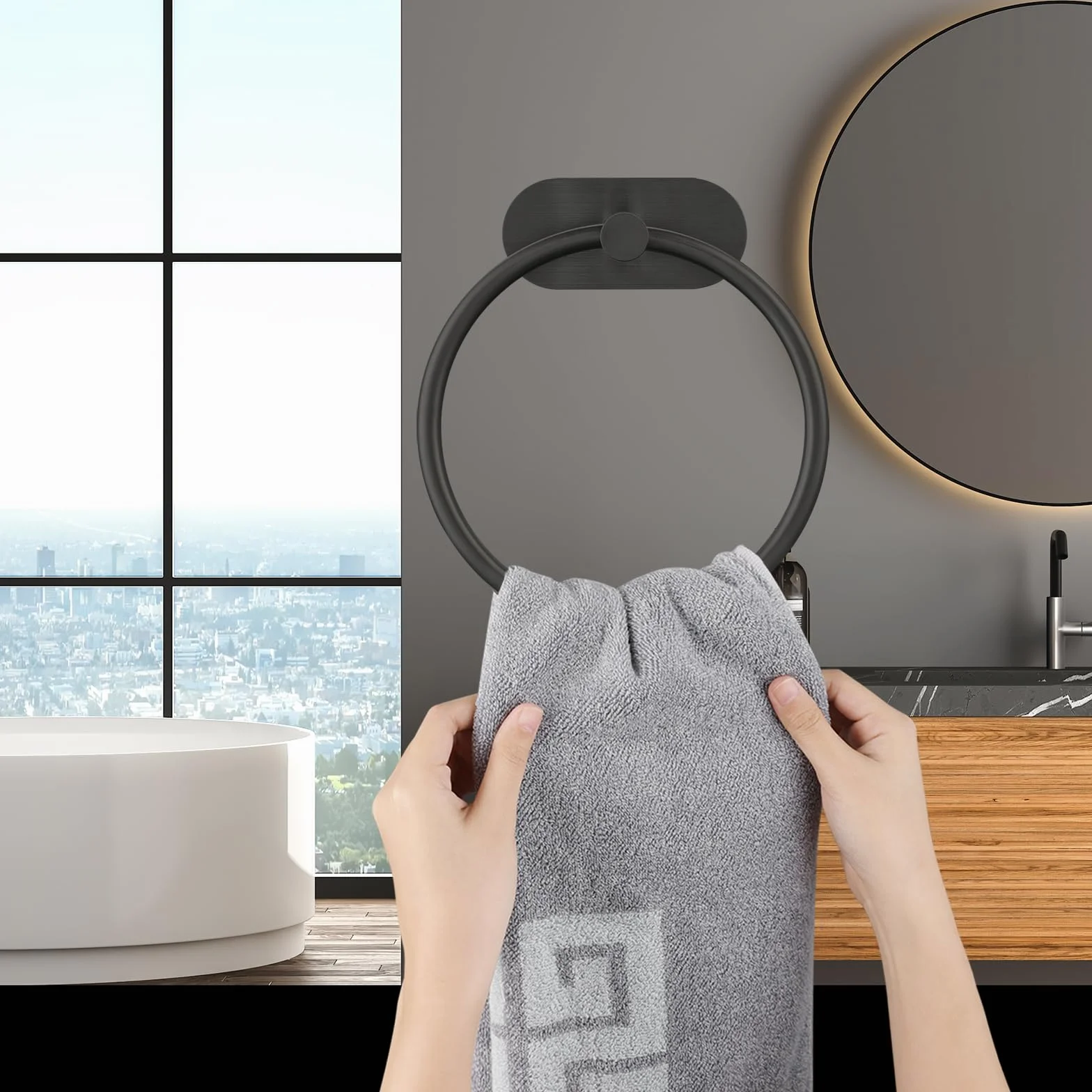 Juego de 2 Anillos de Toalla autoadhesivos de Acero Inoxidable Negro para Cuarto de baño