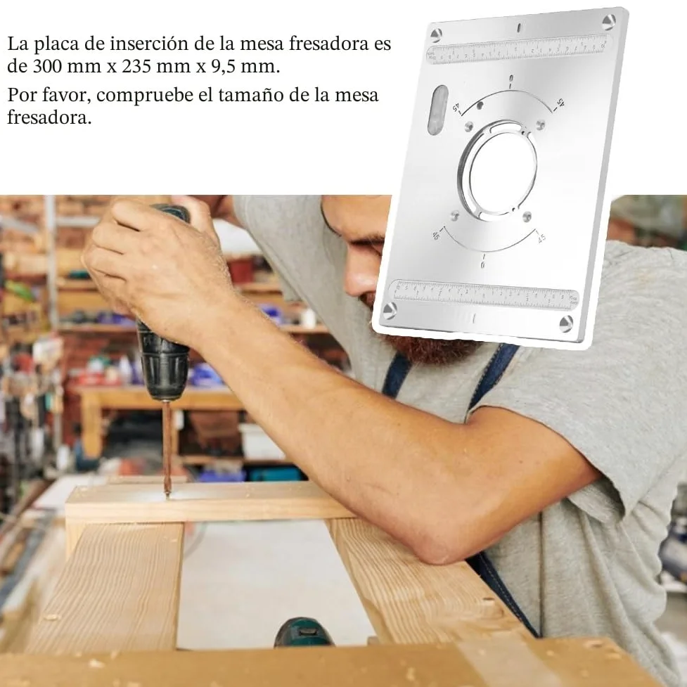 Fresadora de mesa con placa de inserción, router de aluminio, placa de inserción, con función de elevación, router, con 2 anillos y tornillos para rebajadora, trabajo de madera, 300 x 235 x 9,5 mm