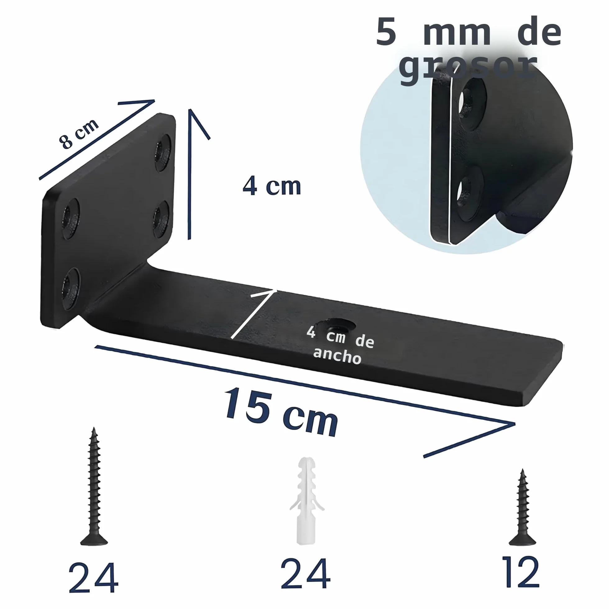 Soporte balda,Escuadras, 6 soportes de estante industriales resistentes de, Escuadras metalicas negro ,L soporte estanteria pared(5mm de grosor),15cm