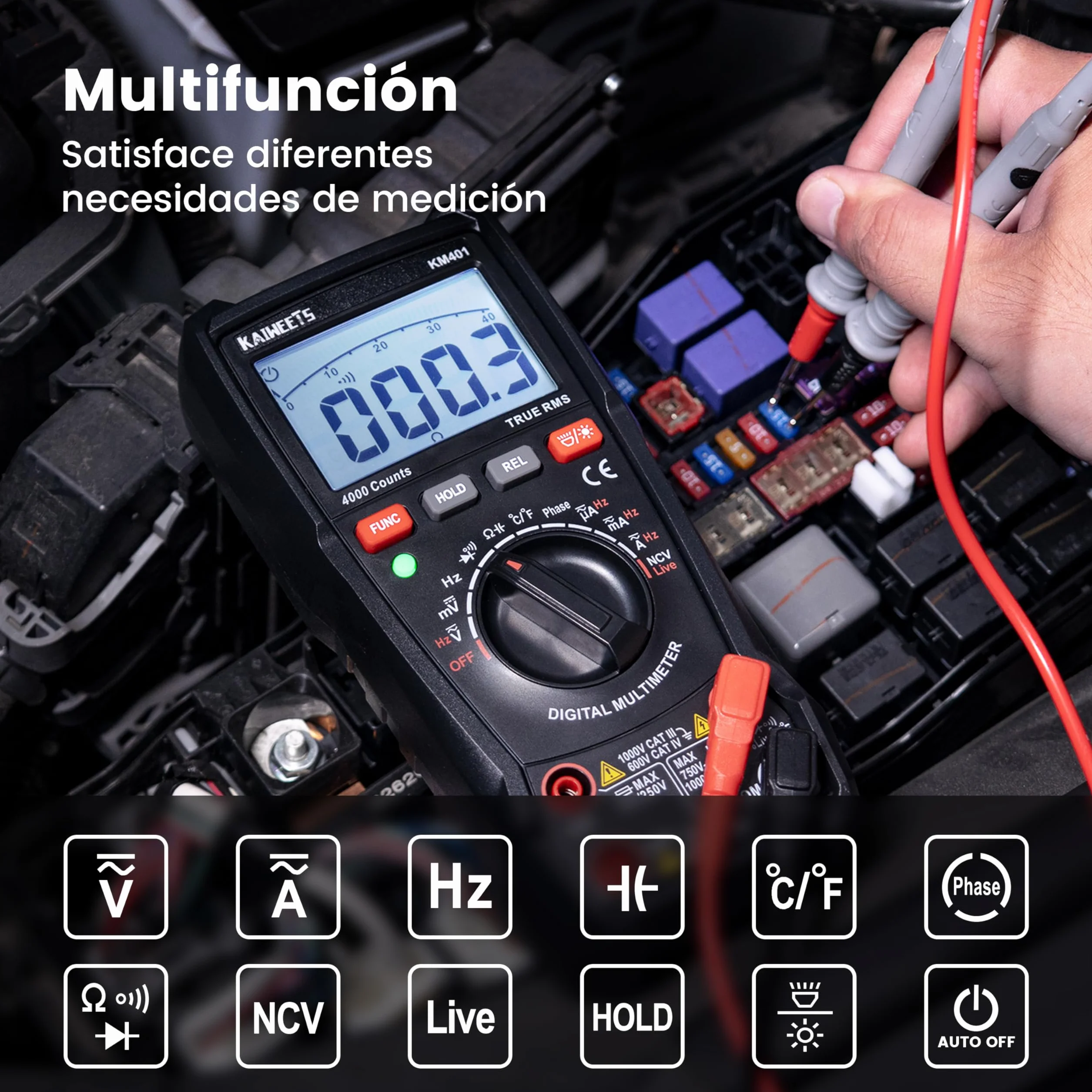 KAIWEETS Multímetro digital KM401, Polimetro Auto-Range T-RMS con 4000 cuentas, Amperímetro mide voltaje, corriente, resistencia, continuidad, frecuencia