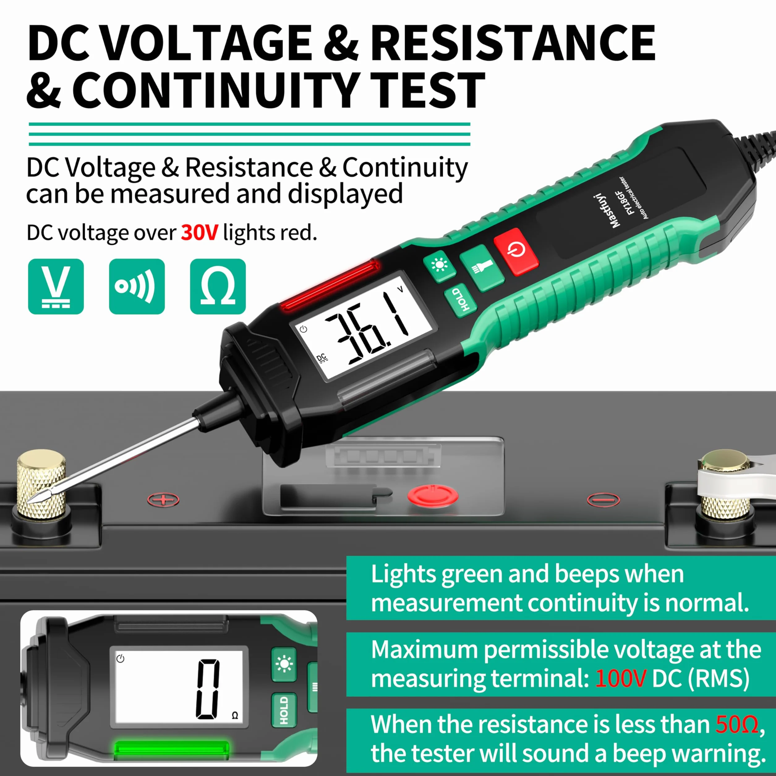 Lápiz Comprobador de Voltaje para Coche, 0,8 V-100 V CC Probador de Circuito Digital LCD Retroiluminado, Voltímetro Bidireccional Automático
