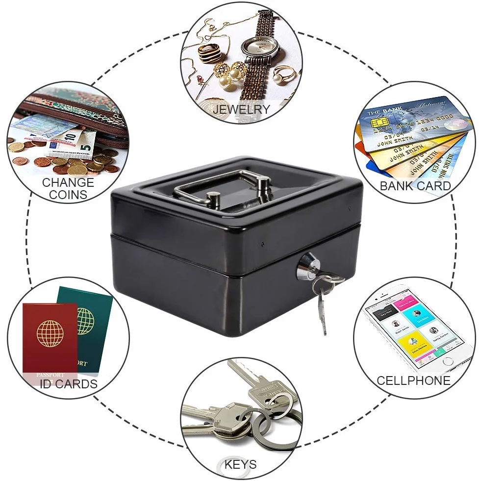 Caja impermeable ignífuga con cerradura de llave, mini caja fuerte portátil de acero Petty, negra