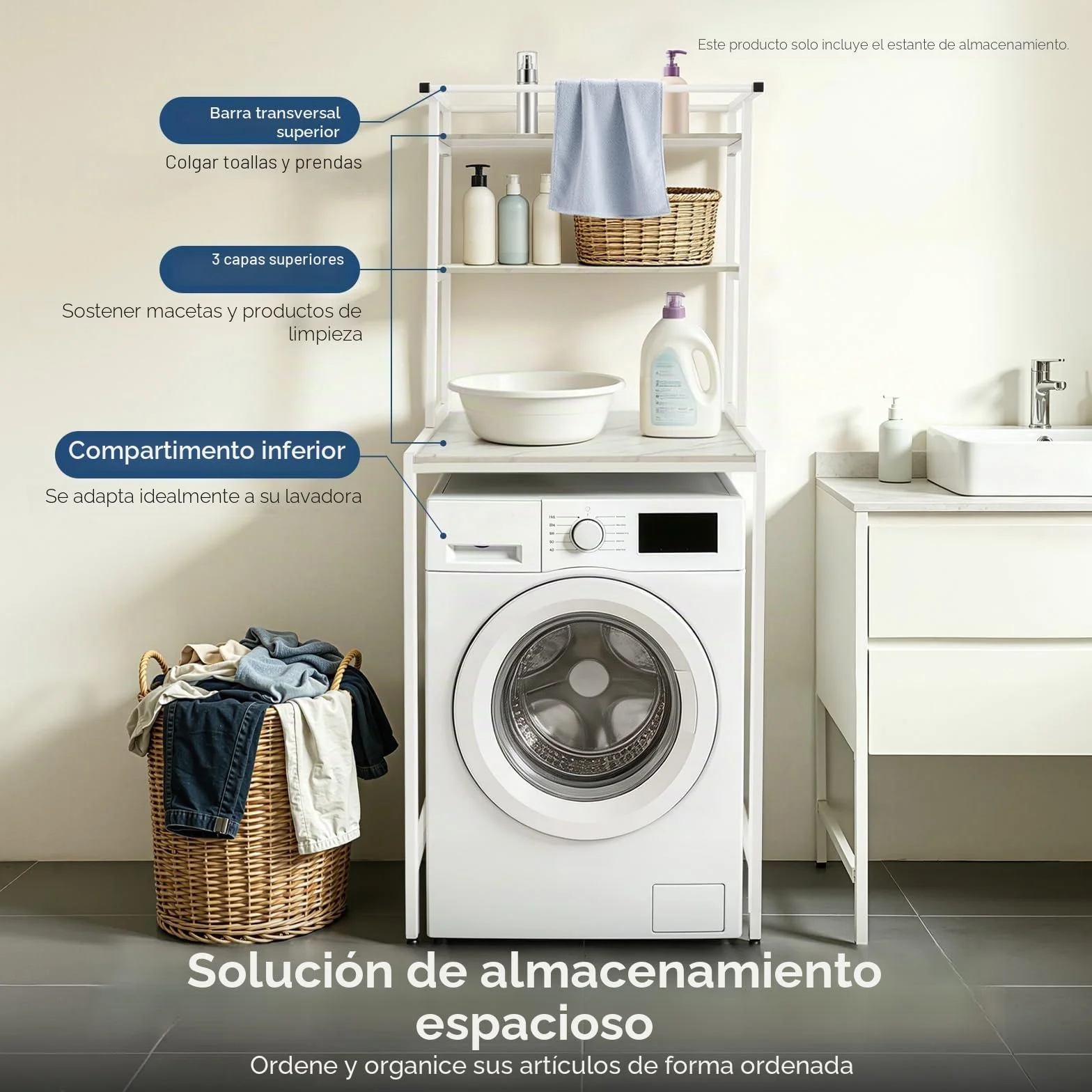 Estantería para lavadora de 3 niveles, armario ahorra espacio sobre lavadora, estante multifuncional para baño