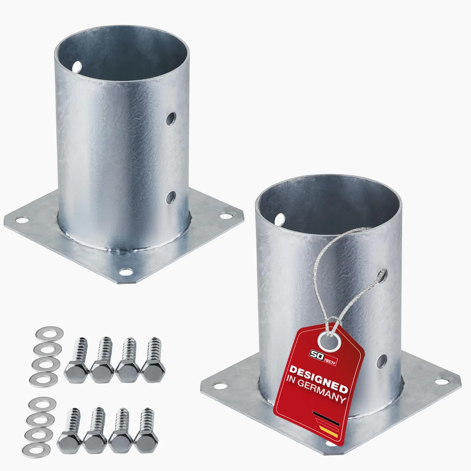 SOTECH JUEGO de 2 anclajes roscados, redondos Ø 100 mm, 152 mm de altura, acero galvanizado en caliente, toma de tierra para madera redonda - ideal para uso en exteriores