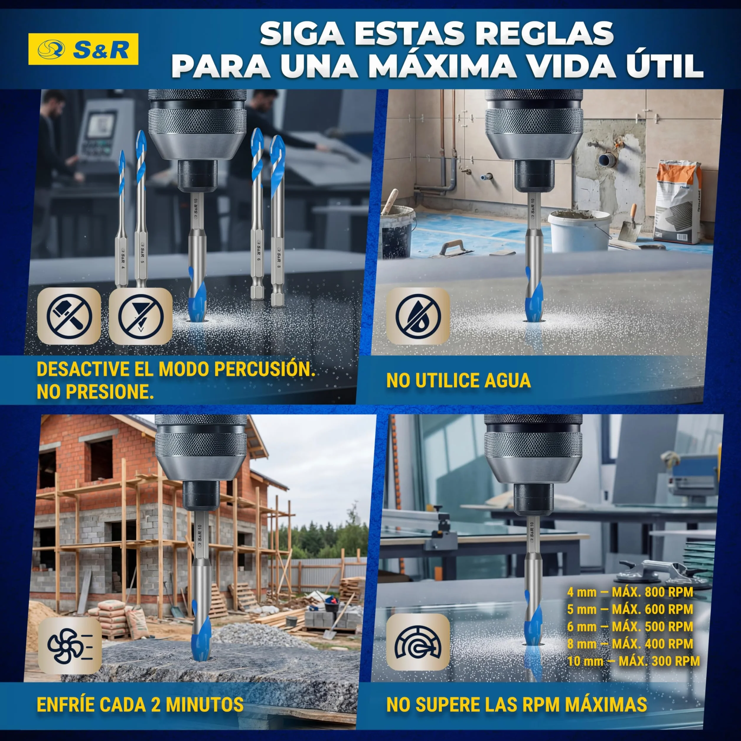 S&R Juego de Broca Azulejos Porcelanico Cerámica dura - Broca 4/5/6/8/10 mm - Broca para Porcelanico Azulejos Céramica Mármol Granito Vidrio. Brocas de Vástago hexagonal de 1/4