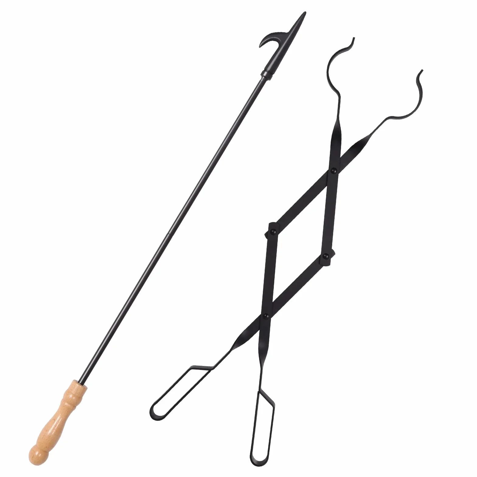 Juego de Chimenea Uten, Juego de 2 Accesorios para Chimenea, Pinzas para Fuego de 64 cm, Gancho para Fuego de 81 cm, para Uso Interior y Exterior, Calefacción y Barbacoa, Hierro
