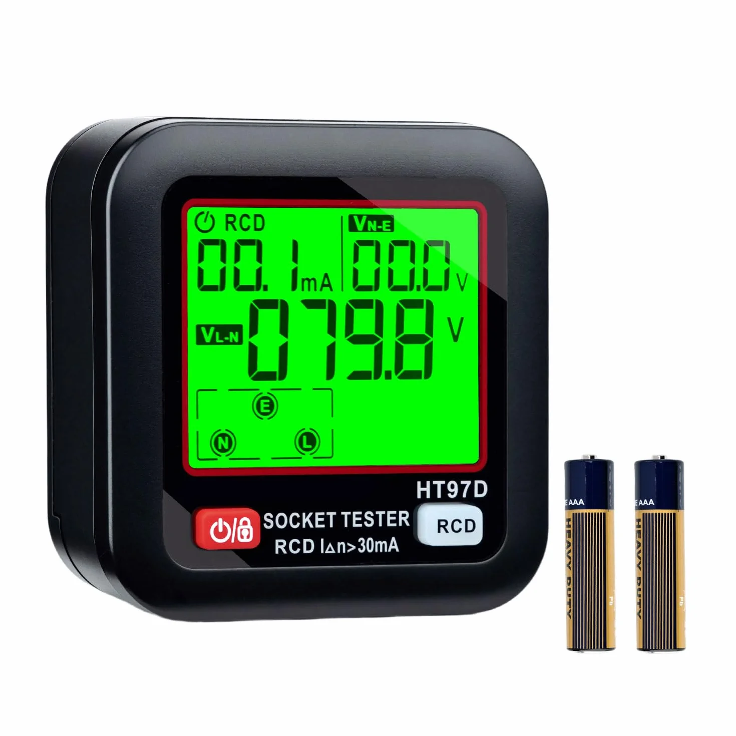Wigearss Comprobador de Enchufes, 6 Tipos Diagnóstico Averías, Prueba RCD, Pantalla LCD, 30-260V/45-65Hz