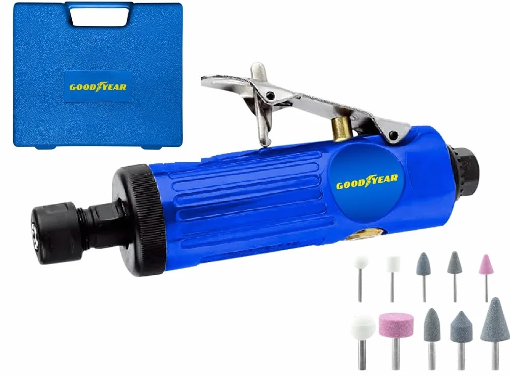 Goodyear - Amoladora Recta Neumática, Complemento para Compresor, Profesional 22000 rpm 1/4” y 1/8”, Aleación de Aluminio, Kit con 10 Piedras de Afilar, 2 Portabrocas y Accesorios Incluidos