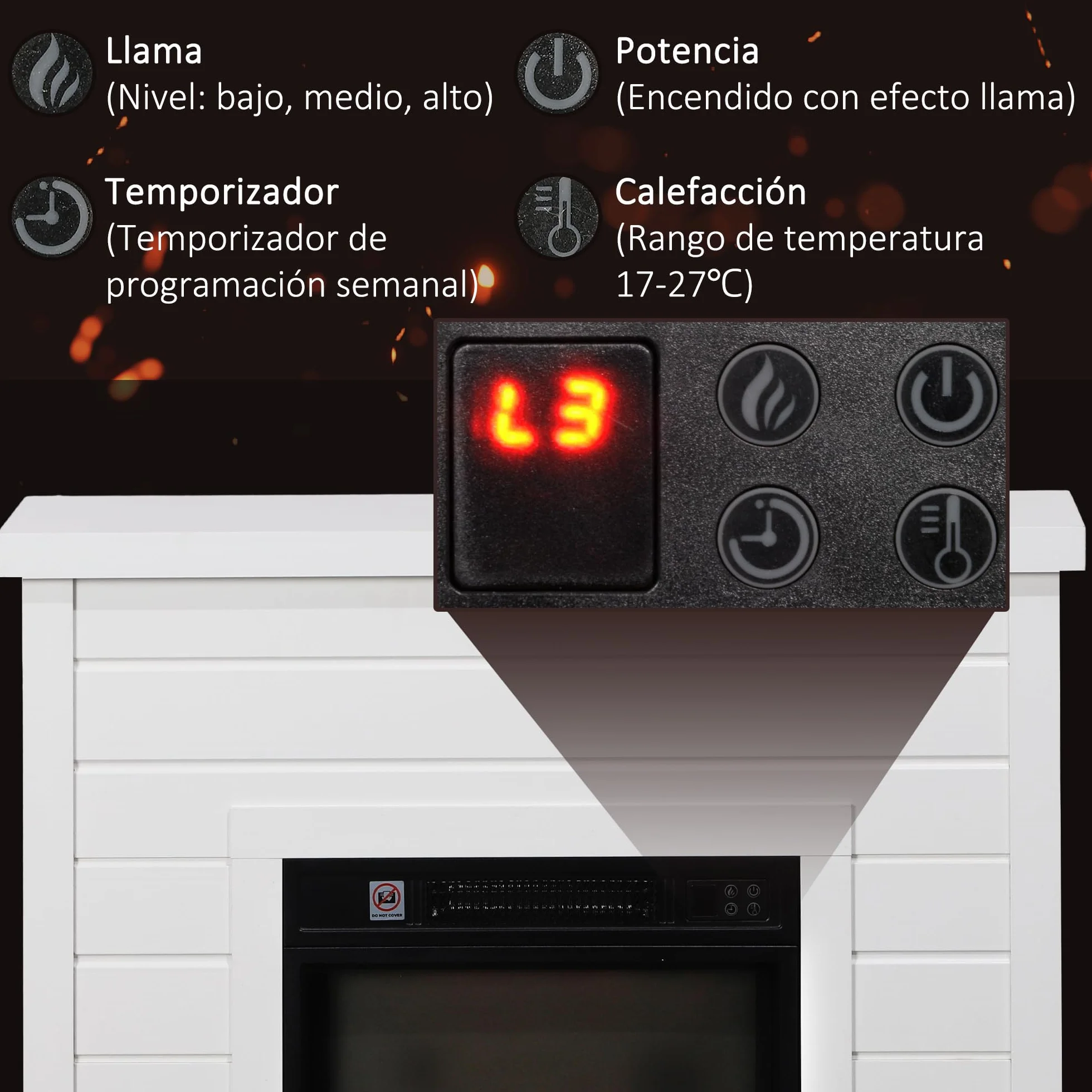 HOMCOM Chimenea Eléctrica, Chimenea Decorativa con Efecto de Llama, Calefacción 1800 W, Control Remoto, Temporizador Semanal, Protección contra Sobrecalentamiento, Blanco