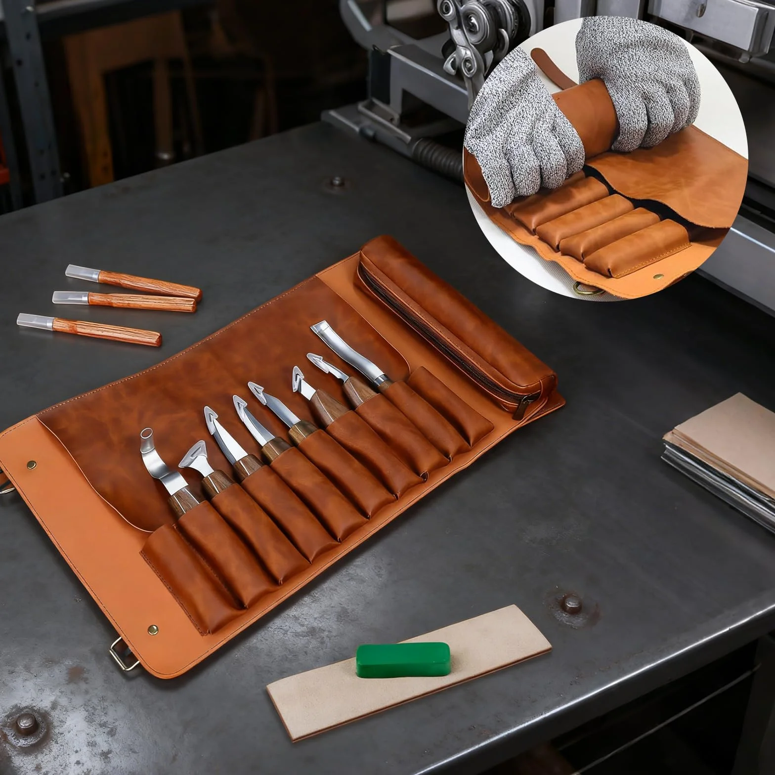 Set de herramientas de tallado en madera, de 14 piezas, con bolsa de almacenamiento de cuero, con 8 cuchillos de tallado y 3 cuchillos de tallado de detalle y piedra de afilar y cuero de asentado para