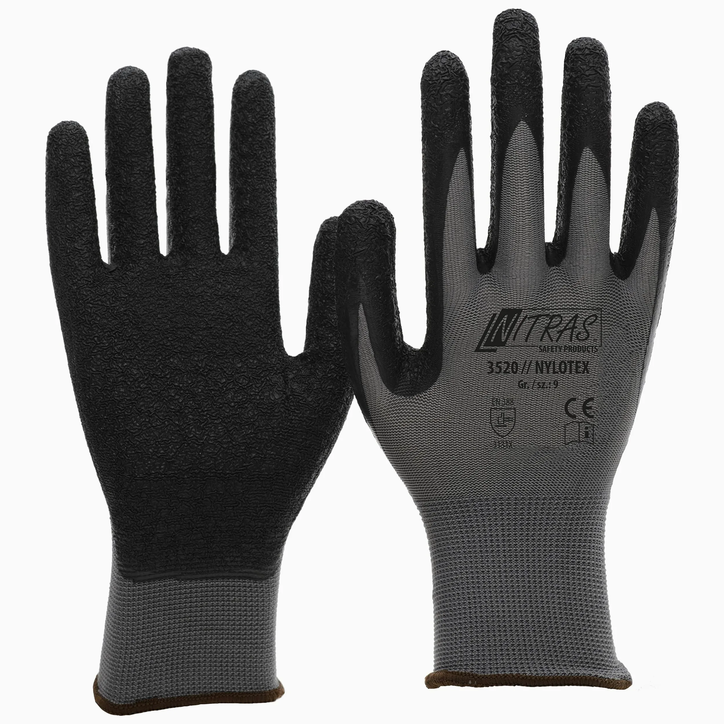 NITRAS Nylotex 3520 Nylon Latex Gloves Guantes de trabajo 12 PAR, Gris / Amarillo, 8