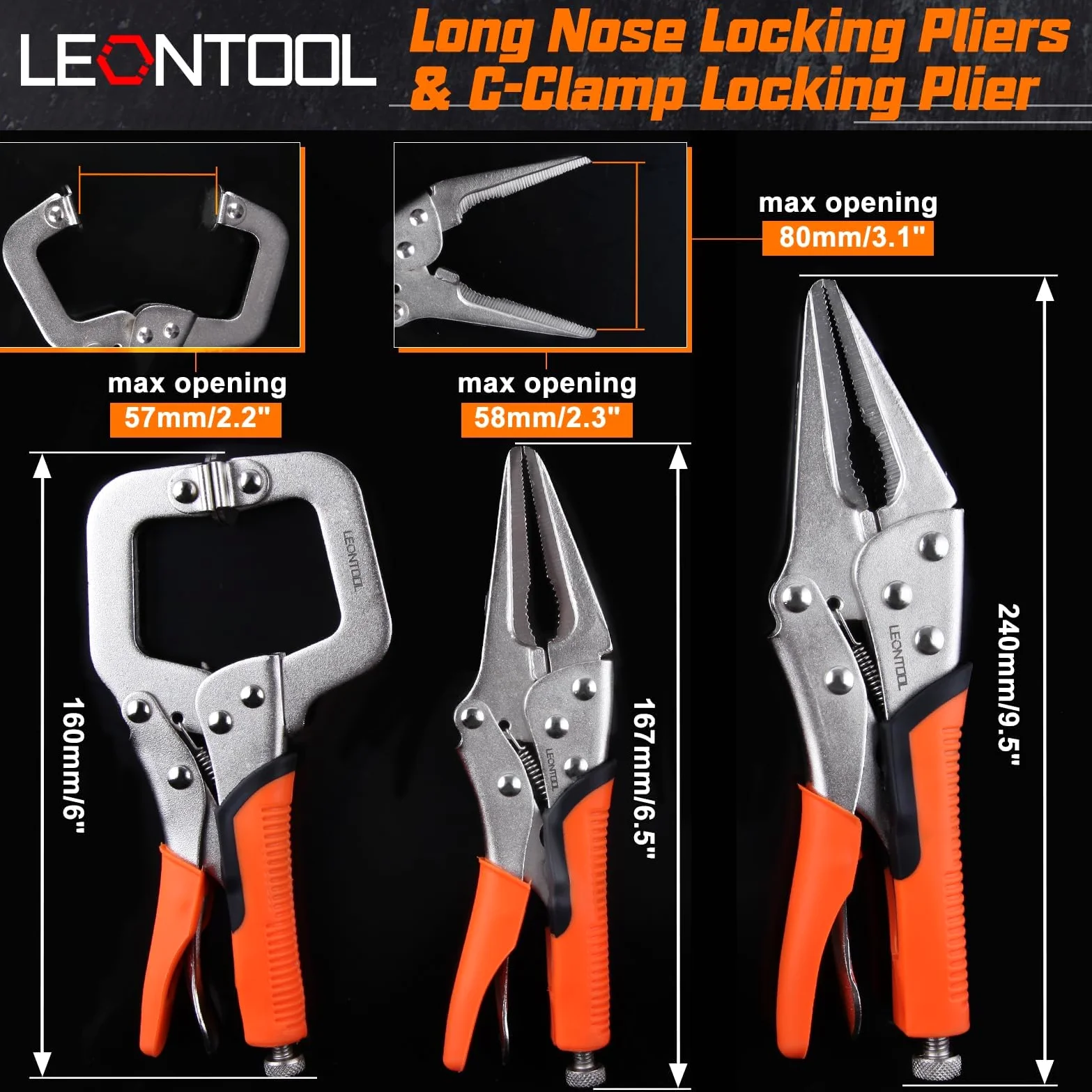 LEONTOOL Juego de alicates de bloqueo de 6 piezas, juego de alicates de agarre de tornillo de banco de 5, 7 y 10 pulgadas, alicates de bloqueo de mandíbula curvada, 6-1/2 pulgadas, 9-1/2 pulgadas,