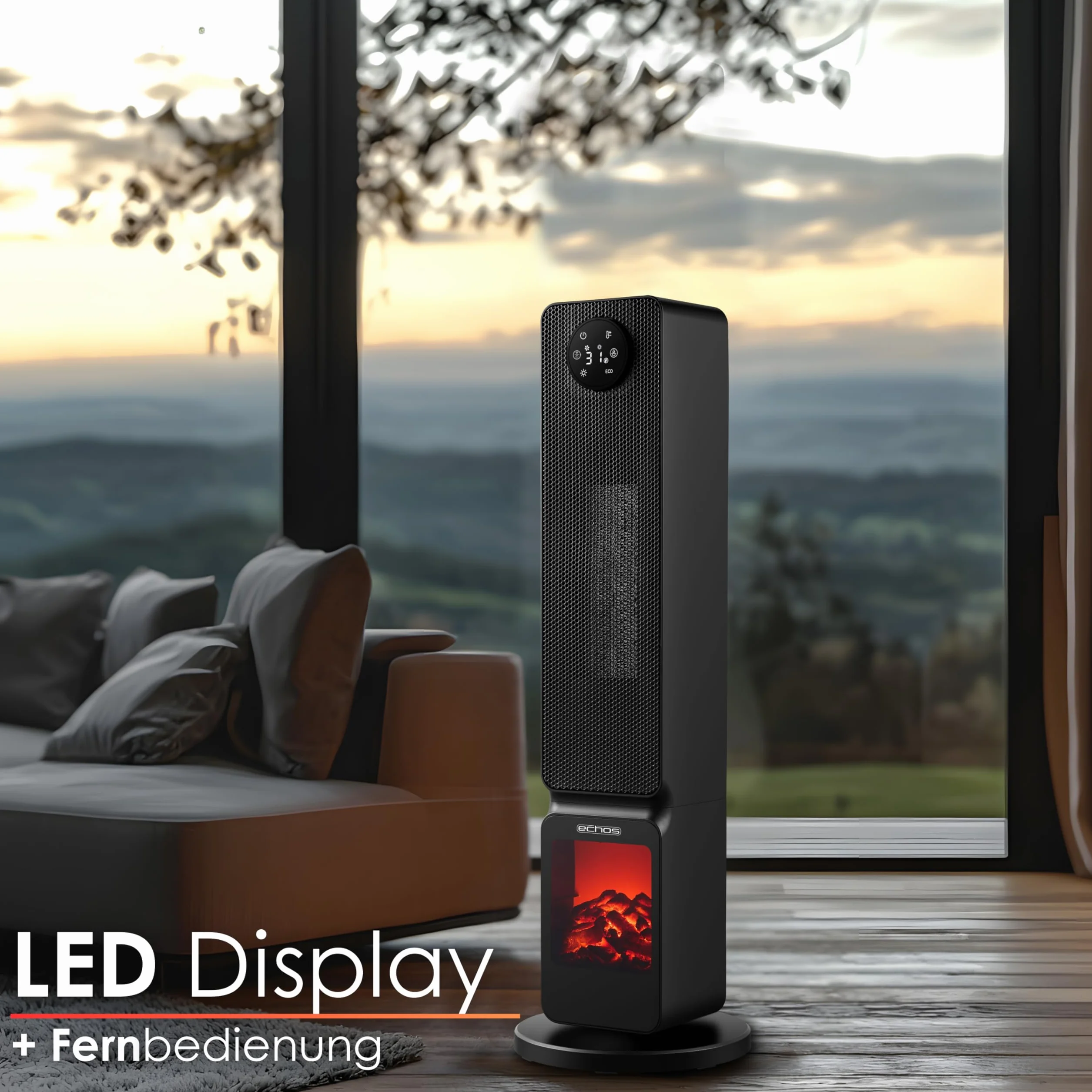 Calefactor con ilusión de chimenea 2000 W, 2 niveles, oscilante, controlable mediante smartphone Tuya, silencioso
