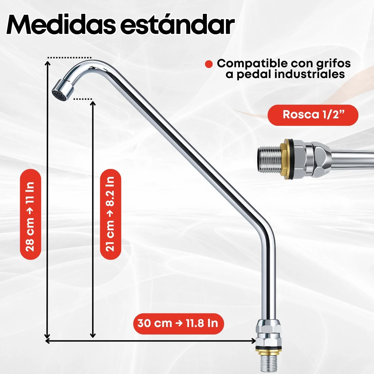 Caño alto Giratorio con Aireador para Grifo de pedal de cocina industrial Cuello de Cisne Cromado Acero Inoxidable