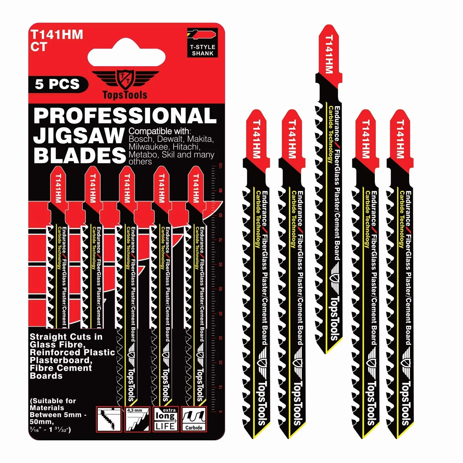 TopsTools 5pcs JSTT141HM 100mm T141HM Hojas caladora Duradero | Vástago T seguro y estable; hojas duraderas cortan madera rápido, limpio y preciso
