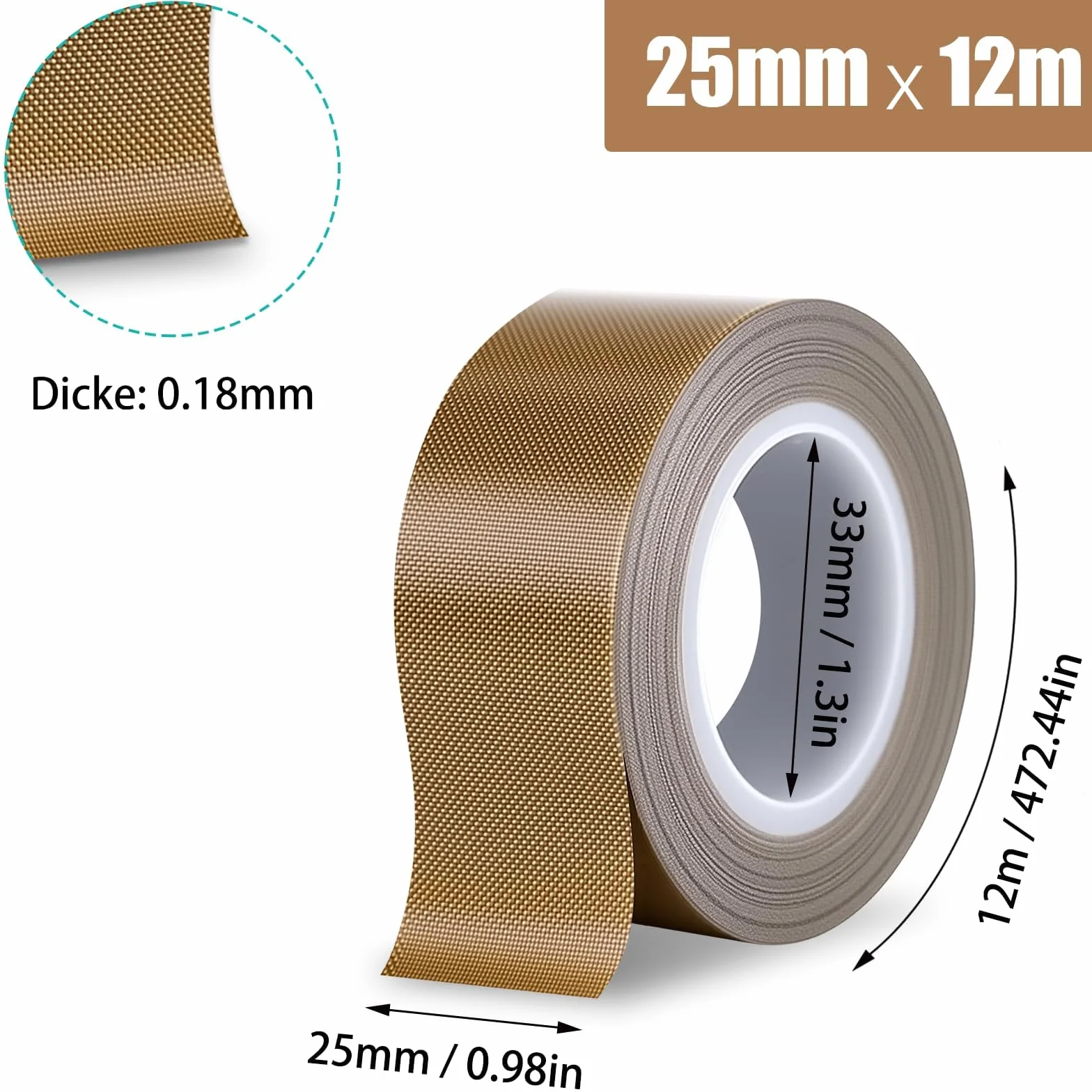 Cinta Alta Temperatura 0.18x25mmx12m Cinta Adhesiva Ignifuga de Teflon Alta Temperatura para Envasadora al Vacío Sellado a Mano