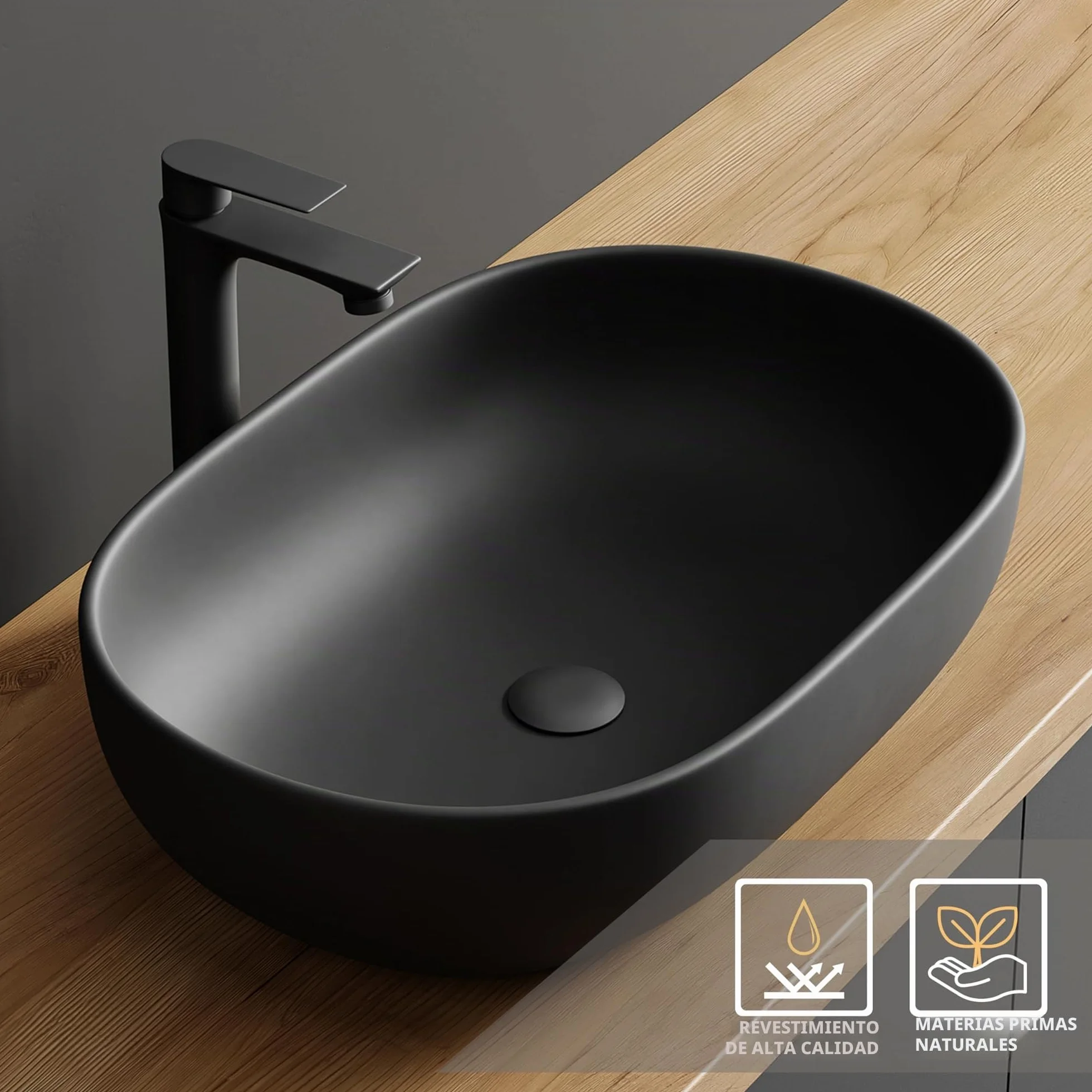 Planetmöbel Aquil Deluxe Lavabo Oval | Lavabo de encimera para baño y aseo de invitados | Lavabo sin orificio para grifo y desagüe | Negro mate, 60 x 40 x 15 cm