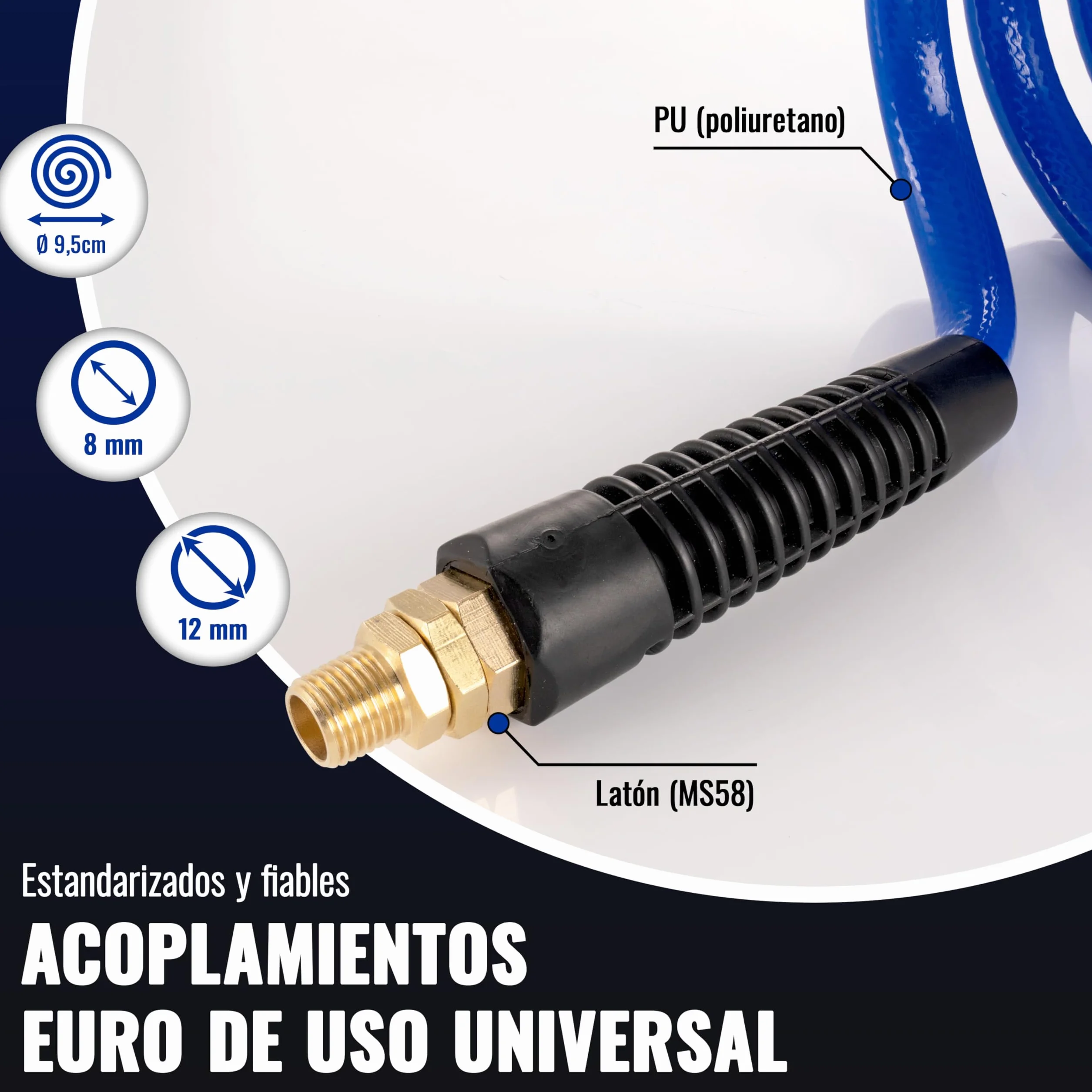 Poppstar Manguera en espiral de aire comprimido 5 m con Ø 8 mm x 12 mm, protección contra dobleces, racor giratorio G 1/4" rosca exterior